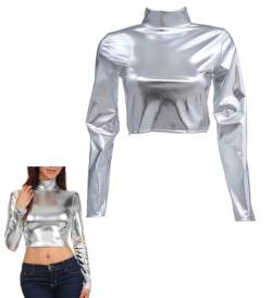 Damen Langarm Oberteile in Metallic Optik, glänzendes Stretch-Langarm Crop Top mit Stehkragen für Clubwear, schmal geschnittene Rollkragen Blusen in Metallic Optik, Party Tanktops, Tanzclub T-Shirt von SamHeng