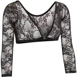 Damen Mesh Sheer Crop Top, Langärmlige, durchsichtige Hemdbluse, Schwarzes schmal geschnittenes, transparentes Shrug Shirt-Oberteil, Cardigan Abdeckung mit offener Vorderseite auf beiden Seiten von SamHeng