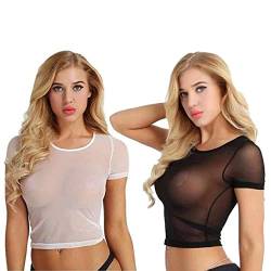 Frauennetz Ernte Tops, 2 Pack sexy durch Kurze Ärmel Weste, Bluse transparent Langarm runden Hals Schlanker Fit Hemd Sheer Bluse T Shirt Casual Basic Crop Tops für Party Clubwear von SamHeng