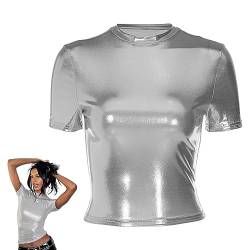 Glänzende Damen-Oberteile, holografisches metallisches kurzärmliges Slim-Fit-T-Shirt, schimmerndes Crop-Top, Mock Neck Partybluse, glitzernde Disco-T-Shirt-Bluse für Festival, Rave, Kostüm, Clubwear von SamHeng