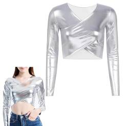 Glänzende Langarm Tops für Damen, metallisches, flüssiges Stretch Langarm Oberteil mit Kreuzwickel und V-Ausschnitt, sexy Slim Fit Lacklederblusen für Clubkleidung, Party Tanktops, Tanzclub T-Shirt von SamHeng