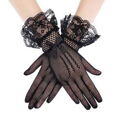 SamHeng 1 Paar Damen Spitzen Handschuhe, Elegant Volant Manschette Design Kurze Handschuhe, Geblümt Handschuhe aus Fischernetz zum Braut Hochzeit Oper Abend Teeparty Fancy Kostüm (Schwarz) von SamHeng