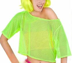 SamHeng 80er Mesh Fischnetz Crop Top T-Shirts für Damen Neon Grün Netzshirt Kleidung Kostüm Neon Accessoires Thema Party Karneval Damen Frauen von SamHeng