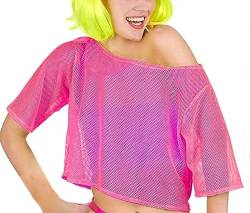 SamHeng 80er Mesh Fischnetz Crop Top T-Shirts für Damen Neon Rosa Netzshirt Kleidung Kostüm Neon Accessoires Thema Party Karneval Damen Frauen von SamHeng