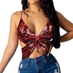 SamHeng Bauchtanz Crop Top für Frauen, Schmetterling Pailletten Halter Top Bandage Tank Top, Strappy Backless Tube Top Tank ärmellose Weste Kostüm für Bauchtanz, Latin Dance, Party Club von SamHeng