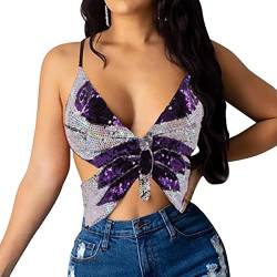 SamHeng Bauchtanz Crop Top für Frauen, Schmetterling Pailletten Halter Top Bandage Tank Top, Strappy Backless Tube Top Tank ärmellose Weste Kostüm für Bauchtanz, Latin Dance, Party Club von SamHeng