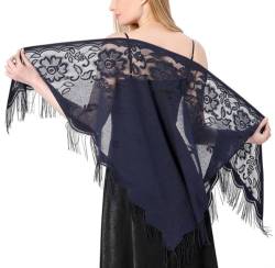 SamHeng Damen Dreieck Spitze Tücher und Wraps für Abendkleider mit Quasten für Abend Party Prom Schal Mesh Hochzeit Schals für Hochzeitsfeiern Brautjungfer(Marineblau) von SamHeng