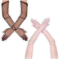 SamHeng Damen Lange Tüll Handschuhe 2 Paar Hochzeit Braut Handschuhe Mesh Transparente Handschuhe für Oper Abend Party Halloween Tee Party von SamHeng