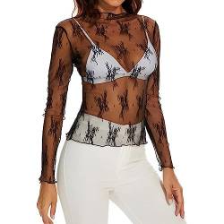 SamHeng Damen Mesh Langarmshirt Netzstoff T-Shirt Rundhals Oberteil Sexy Durchsichtige Fischnetz Schlank Tops Party Clubwear Schwarz von SamHeng