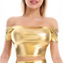 SamHeng Damen Metallic Shiny Tops Kurze Ärmel Off Shoulder Solid Crop Top Rundhals Clubwear Bluse Tops T-Shirt für Halloween Kostüm Disco Dance Party (Gold/L) von SamHeng