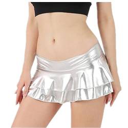 SamHeng Damen Metallischer Faltenrock Mini Skater Minirock Shiny Metallic Plisseerock Low Rise Röcke Tanz Tutu Party Club Kostüm Silber von SamHeng