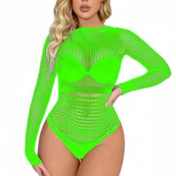 SamHeng Damen Netz Body mit langen Ärmeln dehnbar durchsichtig Rundhalsausschnitt sexy Body Top Trikot Clubwear, Neon Grün von SamHeng