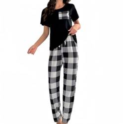 SamHeng Damen Schlafanzug Set Rund Hals Kurzarm Tops und Long Hosen Weiche Nachtwäsche Loungewear Summer Pyjamas Set lässige Nachtwäsche für Damen(Weiß/XL) von SamHeng