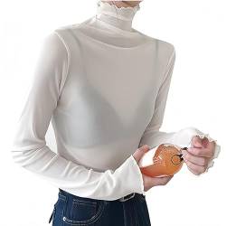 SamHeng Damen Top durchsichtig Netzstoff durchsichtig langärmelig Hemd Damen Rollkragen schmale Passform Basic Bluse T-Shirt Party Clubwear(Weiß/L) von SamHeng