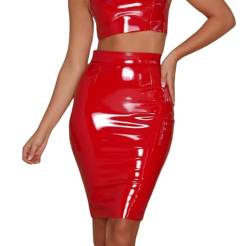 SamHeng Frauen PU Leder Bleistift Rock Damen glänzend metallisch nasse Look Bodycon Midi Rock High Taille Bleistift Party Rock sexy Büro Clubwear Kleid Rot/XL von SamHeng