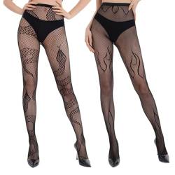 SamHeng Gedruckt Netzstrumpfhose Für Damen, 2 Paar Schwarz Schlange Flamme Gemustert Elastisch Hohe Taille Fishnet Stockings, Modisch Sexy Netzstrümpfe Nachtclub Strumpfhosen für Party Cosplay von SamHeng