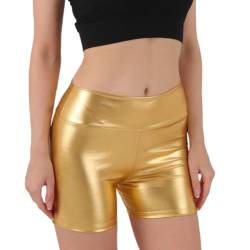 SamHeng Glänzende Metallic-Shorts für Damen, PU Leder Shorts hohe Taille Wet Look Shorts Tanz Rave Hotpants Party Nachtclub Streetwear(Gold/L) von SamHeng