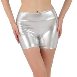 SamHeng Glänzende Metallic-Shorts für Damen, PU Leder Shorts hohe Taille Wet Look Shorts Tanz Rave Hotpants Party Nachtclub Streetwear(Silber/L) von SamHeng