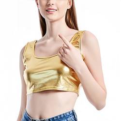 SamHeng Metallic Shiny Crop Tank Top Weste U-Ausschnitt ärmelloses Camisole Slim Fit Tank Tops Party Clubwear für Kostüm Disco Dance (Gold/L) von SamHeng