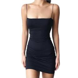 SamHeng Sexy Spaghettiträger Tankkleid rückenfrei figurbetontes Kleid Kurze Clubkleider für Damen schmale Passform Party Cocktail Clubwear, Schwarz von SamHeng