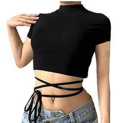 SamHeng T-Shirts für Damen Basic Sommer V-Ausschnitte T-Shirt Kurzarm Top Short Sleeve Oberteil Casual Crop Top mit Riemen(Schwarz-L) von SamHeng