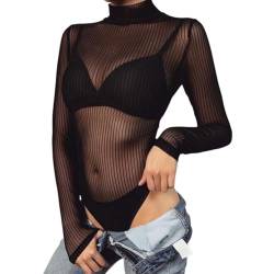 SamHeng Transparenter Body für Damen Schwarzer Langarm-Body Dehnbar Durchschauen Stehkragen Slim-Fit Sexy Overall Trikot Netzoberteil Clubwear-M von SamHeng