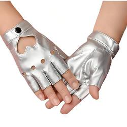 SamHeng fingerlose PU Lederhandschuhe für Frauen halbe Fingerhandschuhe kurze Leder Punk Handschuhe für Halloween Cosplay Kostüm Tanzparty Kostüme Accessoires, Silber von SamHeng