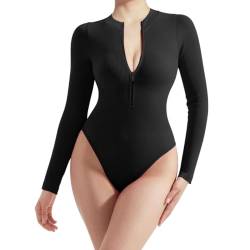 SamHeng gerippter Langarm Body für Damen hoch dehnbar schmal geschnitten Trikot Oberteil sexy Reißverschluss vorne Shapewear Bauchkontrolle Body Anzug Oberteil lässiges Outfit(Schwarz/M) von SamHeng