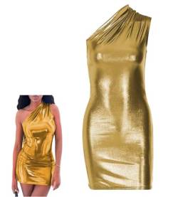 Vestido brillante para mujer, mini vestido metálico con un hombro fruncido, falda de cadera metálica con aspecto mojado, vestido de cóctel sexy de cuero sintético sin mangas, mini vestido ajustado von SamHeng