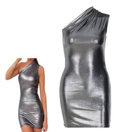 Vestido brillante para mujer, mini vestido metálico con un hombro fruncido, falda de cadera metálica con aspecto mojado, vestido de cóctel sexy de cuero sintético sin mangas, mini vestido ajustado von SamHeng