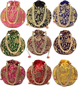 Sambhav Quilt Hub Potli-Tasche für Frauen mit aufwendigem Goldfaden und Pailletten, ethnische Designer-Stickerei, Perlengriff, Potli, Pink von Sambhav Quilt Hub