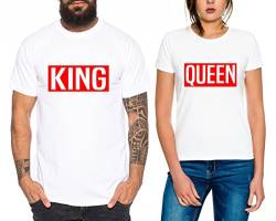 Levi Partner Look Pärchen T-Shirt Set King Queen für Pärchen als Geschenk, Farbe:Weiss;Größe:Damen Gr. S + Herren Gr. L von Sambosa