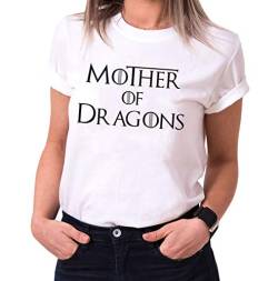 Mother of Dragons - T-Shirt Damen Targaryen Thrones Game of stark Lannister Baratheon Daenerys Khaleesi tv blu-ray DVD, Größe:M, Farbe:Weiß von Sambosa