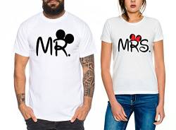 Mr Mrs Partner Look Pärchen T-Shirt Set für Pärchen als Geschenk, Farbe:Weiss;Größe:Damen Gr. M + Herren Gr. L von Sambosa