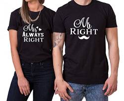 Mr Right Mrs Always Right King Queen Partner Look Pärchen Valentinstag T-Shirt Set, Größe:3XL;Partner Shirts:Damen T-Shirt Schwarz von Sambosa