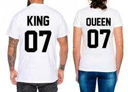 Partner Look Pärchen T-Shirt Set King Queen für Pärchen als Geschenk, Farbe:Weiß;Größe:Damen Gr. M + Herren Gr. M von Sambosa