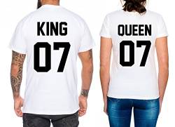 Partner Look Pärchen T-Shirt Set King Queen für Pärchen als Geschenk, Farbe:Weiß;Größe:Damen Gr. XL + Herren Gr. 3XL von Sambosa