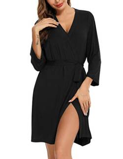 Samring Bademantel für Damen, Kimono-Bademantel, weicher Bambus, Nachtwäsche, kurzer Strick, Bademantel, Damen, Loungewear, S-XXL, Schwarz, Small von Samring