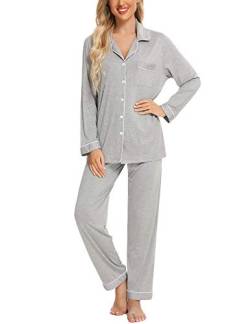 Samring Pyjama Damen Langarm Nachtwäsche Button Down Pj Sets Weiche Loungewear Pyjama Set für Frauen S-XXL, Hellgrau, S von Samring