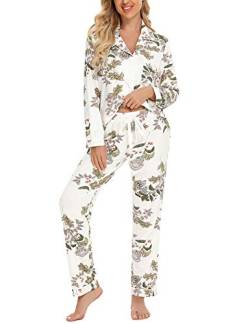 Samring Pyjama Damen Langarm Nachtwäsche Button Down Pj Sets Weiche Loungewear Pyjama Set für Frauen S-XXL, weiße blumen, M von Samring