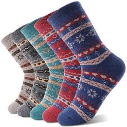 Damen Thermosocken Wollsocken Merino Warme Dicke Wolle Geschenke Socken Wandersocken Wintersocken Thermo für Damen 5 Paar (Schneeflockenstreifen) von Sandsuced