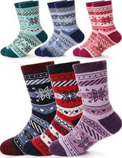 Kinder Wollsocken Warme Socken für Mädchen Jungen Wandersocken Merino Wintersocken Dicke Geschenke Kindersocken 6 Paar（Schneeflocke,8-12 Jahre） von Sandsuced