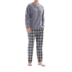 SaneShoppe Herren-Pyjama-Set, Thermo-Fleece-Oberteil, Flanellhose aus 100% Baumwolle, atmungsaktiver Pyjama in Grau, elastischer Bund, 2 Seitentaschen – L von SaneShoppe