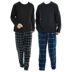 SaneShoppe Herren Thermo Fleece Pyjama Set, 2er Pack Luxus Langarm Loungewear 2 Taschen Kariert Bequeme Lounge Pj Nachtwäsche Herren Marineblau Schwarz - M von SaneShoppe