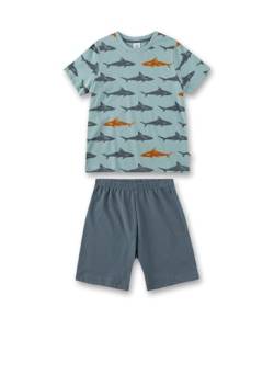 Sanetta Jungen-Schlafanzug kurz Blau | Hochwertiger und bequemer Schlafanzug aus Bio-Baumwolle für Jungen. Kurzarm Schlafanzug mit Haiprint | Pyjamaset für Jungen von Sanetta