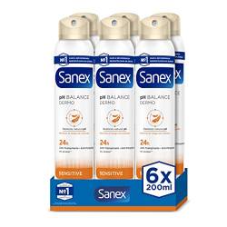Sanex Dermo Sensitive Deo-Spray, 6 Stück x 200 ml, Antitranspirant, bis zu 24H Schutz gegen Schweiß und Geruch, Sanft zu empfindlicher Haut, stellt den natürlichen pH-Wert der Haut wieder her von Sanex