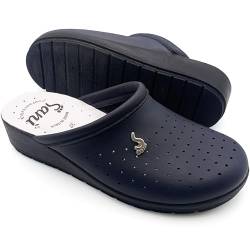 Sani' Anatomische Sanitär-Hausschuhe für Damen, echtes Leder, orthopädische Schuhe, rutschfest, hergestellt in Italien, blau, 38 EU von Sani'