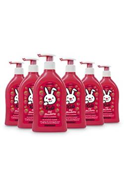 sanosan 2in1 Dusche & Shampoo Erdbeere für Kinder & Baby 6x 400 ml - Duschgel & Haarshampoo mit Bio Olivenextrakt & Milchprotein - Haarpflege, Hautpflege, Shower Gel, Haar Shampoo von Sanosan