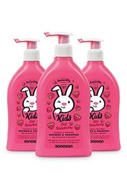 sanosan 2in1 Dusche & Shampoo Himbeere für Kinder - Duschgel & Haarshampoo mit Bio Olivenextrakt & Milchprotein im 3er Pack (3x 400 ml) - Haarpflege, Hautpflege, Shower Gel, Haar Shampoo von Sanosan