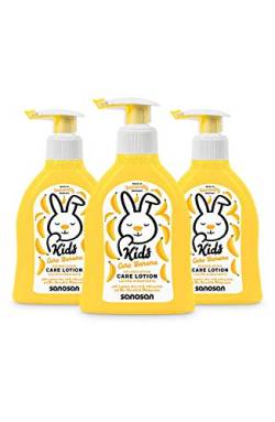 sanosan Pflegelotion Banane für Kinder - Lotion mit Bio Olivenöl & Milchprotein im 3er Pack (3x 200 ml) - Hautpflege, Bodylotion, Körperlotion, Körpermilch, Hautschutzlotion von Sanosan